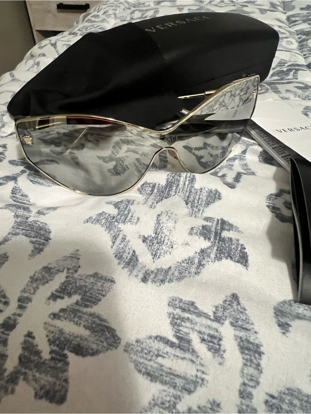 Versace Women's Gold Frame Shield Sunglasses with Gray Lenses